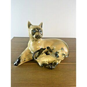Vtg Ceramic Reclining Siamese Chocolate Seal Point Cat with Baby Crafted Brazil